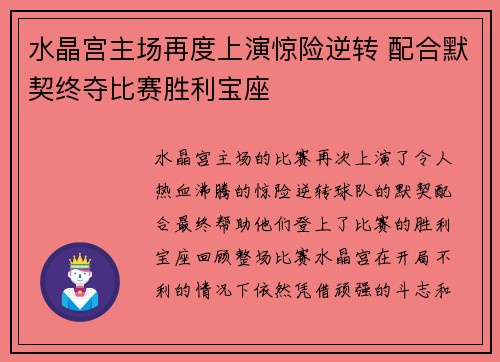 水晶宫主场再度上演惊险逆转 配合默契终夺比赛胜利宝座