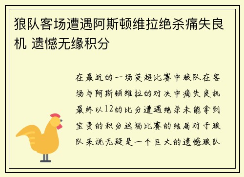 狼队客场遭遇阿斯顿维拉绝杀痛失良机 遗憾无缘积分