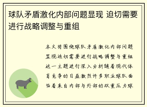 球队矛盾激化内部问题显现 迫切需要进行战略调整与重组