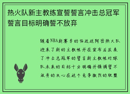 热火队新主教练宣誓誓言冲击总冠军誓言目标明确誓不放弃