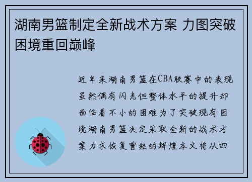 湖南男篮制定全新战术方案 力图突破困境重回巅峰
